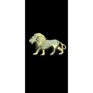 Vintage 1970s Lion Brooch Gold Tone Rhinestone Big Cat Pin Statement